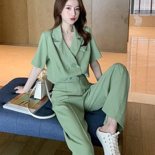 JuneRain New Summer Two Piece Set Vintage Women Double Breasted Short-sleeve T Shirts + Loose Preppy Casual Wide Leg Pants Suit