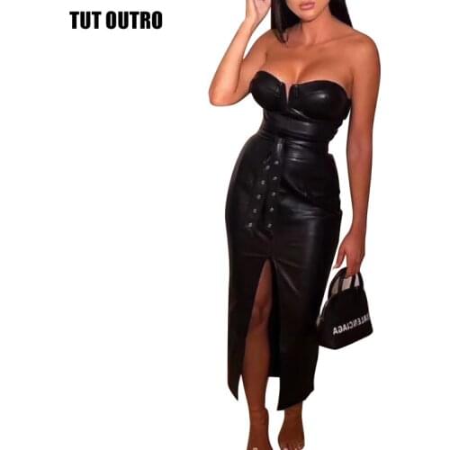 Summer open back pu leather dress ladies high split black tight party dress sexy nightclub wear low-cut tight dress Z445