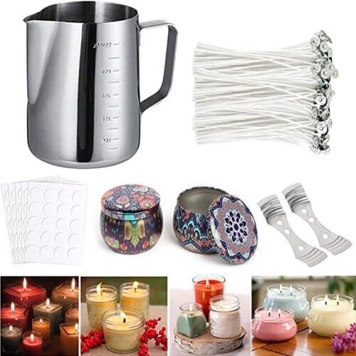 Candle Making Kit Set with 1pcs Candle Pouring Pot,50pcs Candle Wicks,100pcs Wicks Sticker, 2pcs Wicks Holder, 2pcs Metal Jars