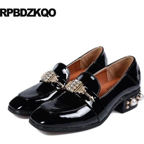 New pearl diamond fashion 10 42 rivet square toe stud rhinestone cheap big size ladies low heels shoes crystal black chunky