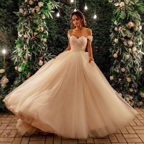 Stunning A-line Boat Neck Pleated Tulle Wedding Dress 2020 vestido de noiva Off Shoulder Floor Length Sleeveless Bridal Gowns