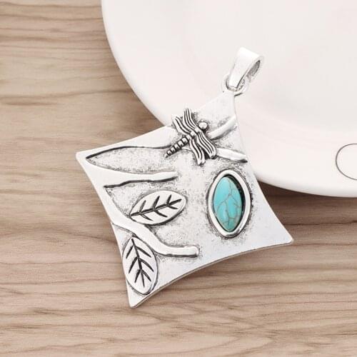 2 Pieces Large Tree Dragonfly And Faux Turquoise Stone Charms Pendants for Necklace Jewellery Making 92x74mm