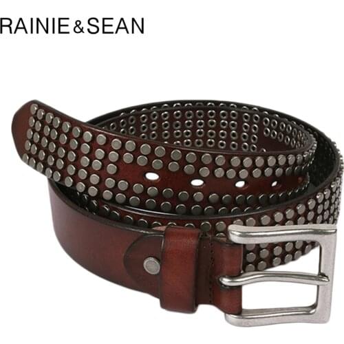 RAINIE SEAN Mens Pin Buckle Belt Genuine Leather Rivet Belts Male Punk High Quality Real Cow Leather Fashion Square Belt Jeans