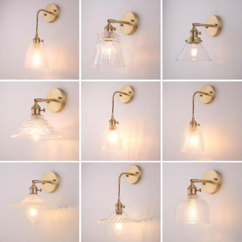 Retro simple brass transparent glass wall lamp modern creative porch decoration LED E27 lighting multi-style selection 110V~240V