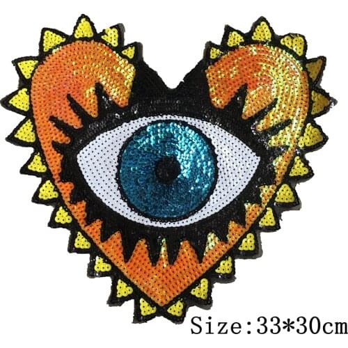 Big Eye Sequins Patches Heart Shape Eyeball Beaded Patches for Clothes 33*30cm Sew on Vintage Sequined Appliques Patch 3 Colors