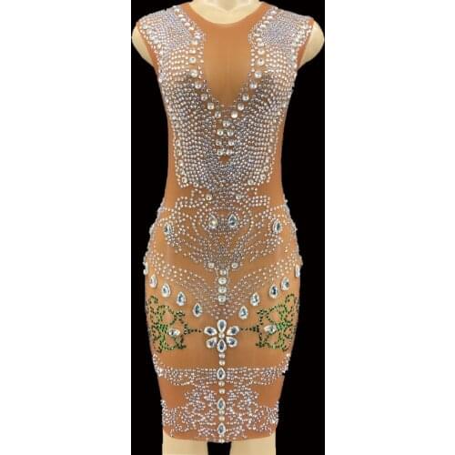 Sexy Stage Rhinestones Mesh Long Sleeve Short Dresses Singer Performance Outfit Party Dress Evening Wedding Birthday Outfits