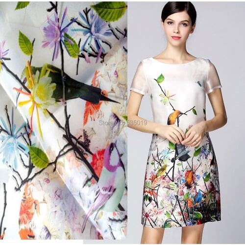 Silks OEM White Flowers Bird Digital Silk Material Senior Formal Dress Cheongsam Dresses Satin Mulberry Silk Organza Fabric Wide