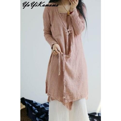 YoYiKamomo 2017 women summer cotton linen shirt new retro national buckle big size long sleeve cardigan