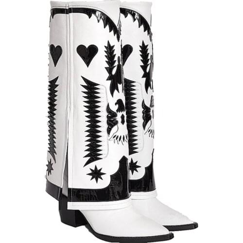 Womens Ethnic EmbroideryFloral Pointed Toe Knee Thigh Boots Chelsea Western Chunky Heel Cowboy Shoes Knight Retro 6Colors