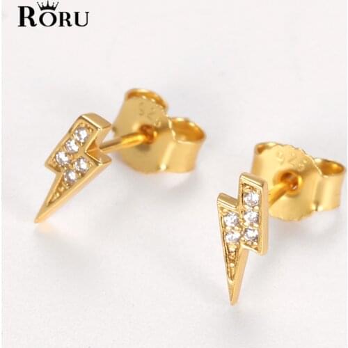 100% S925 Silver Full Zircon Lightning Stud Earrings for Women Gilrs Small Piercing Tragus Studs Ear Cuff Jewelry Accesories