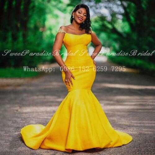 Maxi Gold Yellow Satin Mermaid Evening Dress 2020 Off Shoulder Long Sweep Train Formal Prom Dresses Party Gown Robe De Soiree