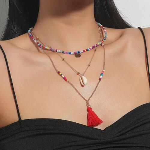 2021 bohemian colorful beads chain boho shell choker necklace tassel pendants for women multilayer collar collier Clavicle chain