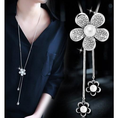 Simulated Pearl Choker Necklaces for Women Silver Color Chain Long Necklace Pendant Jewelry Accessories Trendy Kolye