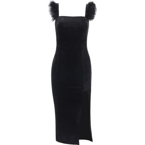 Ladies Elegant Ostrich Feather Velvet Long Dress Sleeveless Split Hem Slim Party Dress Backless Sexy Summer Chic Feather Dresses