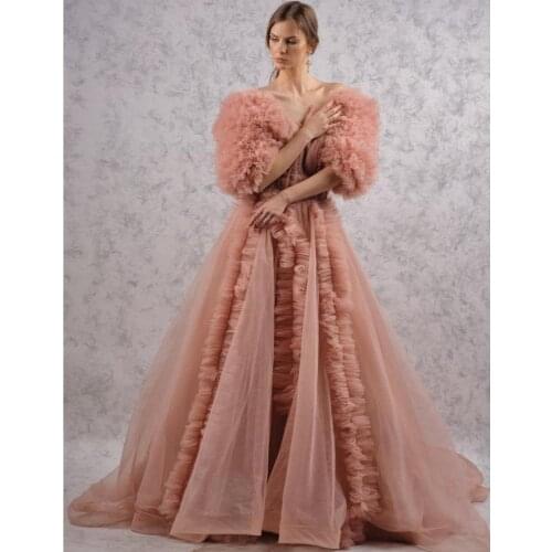 Vintage Ruffles Tulle A-line Bridal Dresses Puff Mesh Half Sleeves Long Women Dresses To Prom Formal Party Beaded Tulle Robe