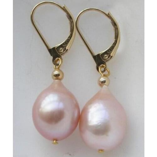 925silver Yellow Gold Natural AAA 11-13mm South Sea Pink Purple Dangle Pearl Earrings