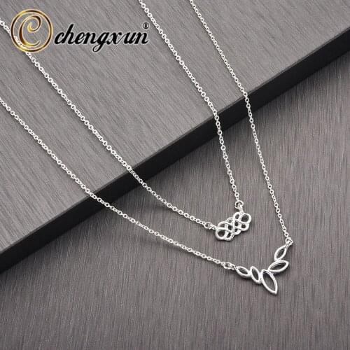 CHENGXUN Fashion Leaves Knot Korean Necklace Double Layer Long Chain Elegant Jewelry Leaf Pendant Ethic Necklace