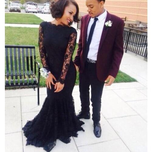 E JUE SHUNG Black lace mermaid Long Evening Dresses 2020 long sleeves lace up back Formal Dresses Evening Gowns