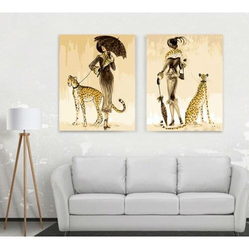DIY colorings pictures by numbers with colors Woman and leopard picture drawing painting by numbers framed Home decor Two pieces