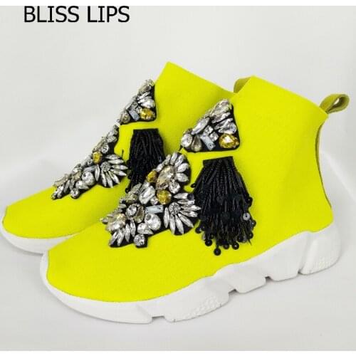 Men and women models thin fluorescent yellow handmade trend personality fancy rhinestone sports shoes knit socks size 34-48