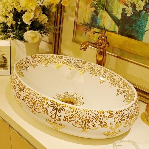 Ceramic Counter Top Wash Basin Sink Lavabo Porcelain Washing basins bathroom sink ceramic wash basin oval gold pattern