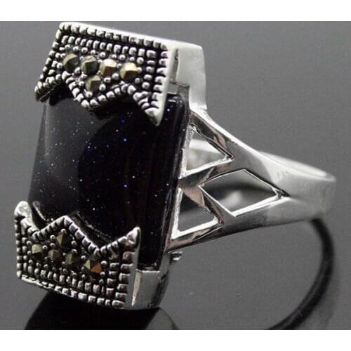 24*13mm 925 SILVER NATURAL OBLONG BLUE SAND JADE RING SIZE 7/8/9/10