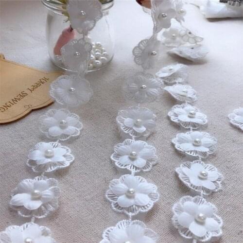2 Yards Organza lace Double flowers applique lace off white flower pearls lace trim for bridal headbands sashes gown applique