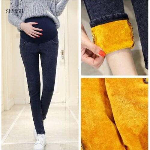 2018Hot Warm Thick Pregnancy Denim Pants Winter Fleece Maternity Jeans for Pregnant Women Plus Velvet Maternity Clothing SIZE3XL