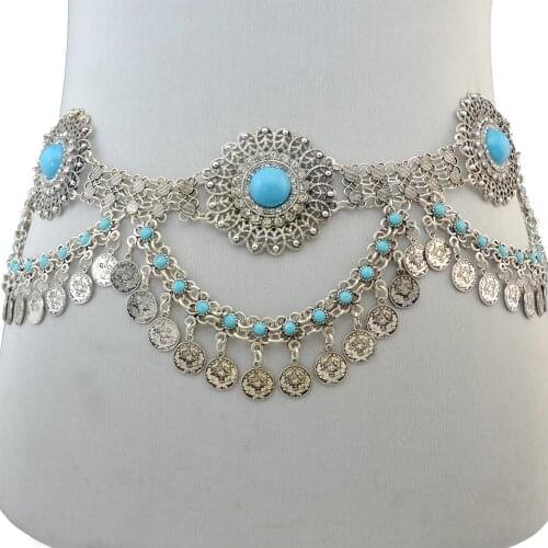 Ethnic Gypsy color Metal Belt Body Chains Boho Indian Sexy Coin Tassel Beaded Stone Belly Dance Waist Chain Turk Tribal Jewelry