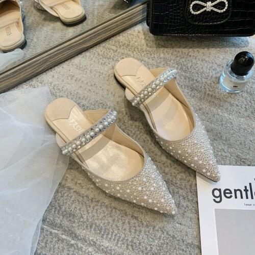 2021 New Sexy Pointed Toes Mules Women Fashion Autumn Shoes For Women Pearl Slip-On Sandals Ladies Elegant Flats Slippers Hot