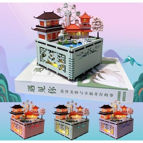 DIY Wooden Chinese House Music Box Assembly Model Building Kits With Ferris Wheel Miniature Dollhouse Toys for Girls Xmas Gifts