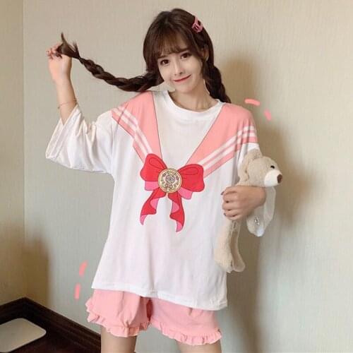 2020 Summer New Pretty Girl round Neck Loose Short-Sleeved Pajamas Lace Casual Shorts Pajamas Two-Piece Set school uniform