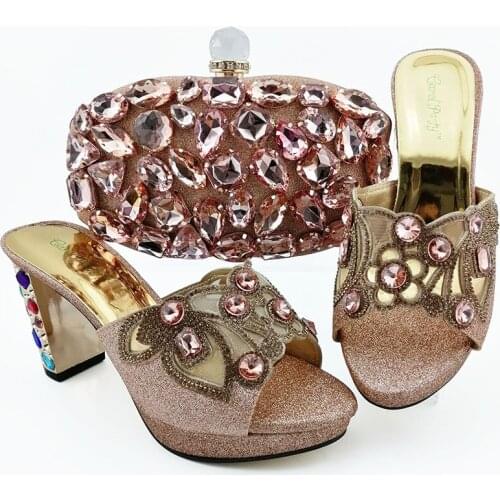 New Fashion Peach Color Woman Sandals Shoes And Bag Set Italian Style Woman Shoes And Matching Purse Set For Party