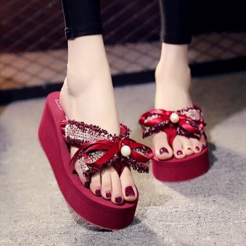 6cm High Heel Womens New Korean Version of Beach Shoes Womens Summer Sweet Sweet Bow Flip-flops Non-slip Sandals Slippers