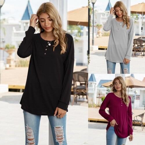 Autumn Long Sleeve T-shirt Women Fashion Solid Color Buttons O-Collar Pullover Tees Casual Streetwear