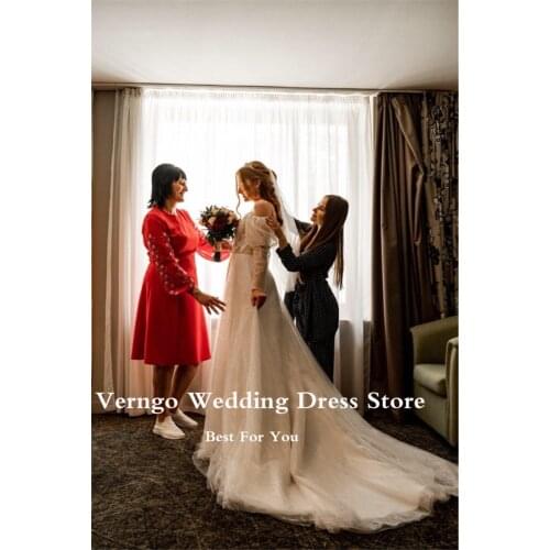 Verngo New Shimmer Lace A Line Wedding Dress With Lantern Long Sleeves Sweetheart Sweep Train Bride Gowns Custom Made