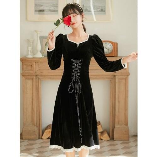 BLLOCUE 2020 Autumn Winter Dresses French Vintage Lace Patchwork Square Neck Velvet High Waist Dress Elegant Women