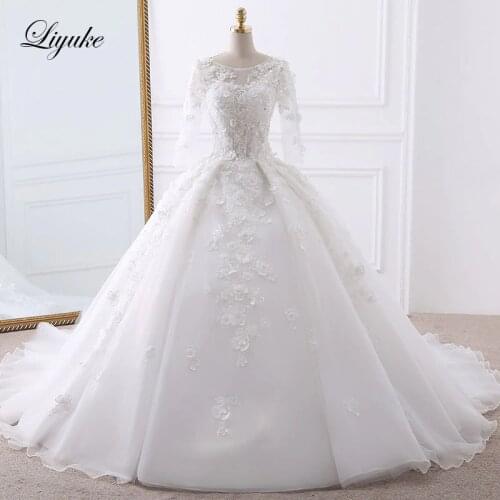 Luxurious Appliques Tulle O-Neck Ball Gown Wedding Dress Beading Pearls Chapel Train Three Quarter Sleeves Bridal Dresses Liyuke