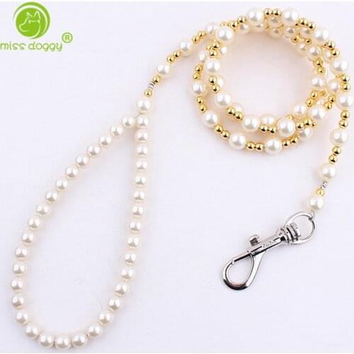 Luxury Pearls Pet Dog Leash Strong Wire Pet Chain Lead White/Red Beaded Walking Jogging Leashes for Small Medium Size Dogs Cat