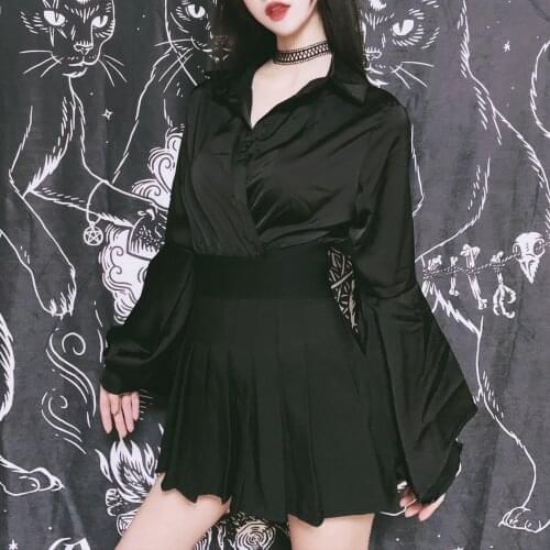 Ruibbit Punk Autumn Retro Shirt Women Tops Sexy Flare Sleeve Fashion Streetwear Black Gothic Girl