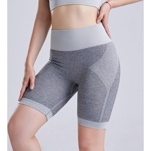 Seamless Running Shorts Gym Leggings High Waist Solid Workout Yoga Shorts Stripe Patchwork Tummy Control Stretchy Biker Shorts