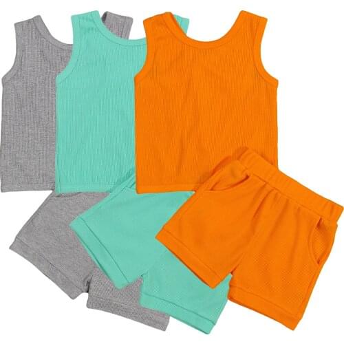 Toddler Baby Boys Girls 2pcs Tracksuits Tank+ Shorts Solid with Pocket Infant Kids Elastic Waist Summer Knitted Clothing