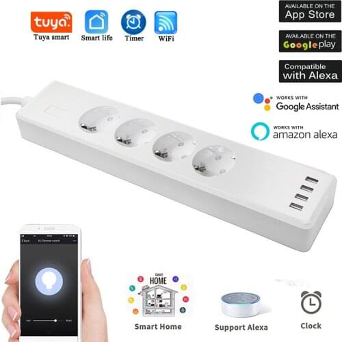 Tuya Wifi Smart Power Strip EU Outlets 16A Plug Socket With 4 USB Charging Port App Voice Control Work With Alexa Google Home
