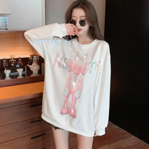 Japanese Women White Sweatshirt New Loose Korean Cartoon New Hot Drill O-Neck Pink Sweatshirt Women Student Bottoming Shirt Top