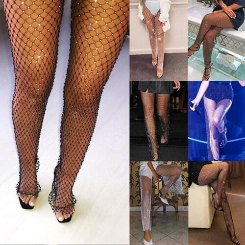 Crystal Diamond Shiny Women Leggings Pants Sexy Elastic Fishnet Long Trouser See Through Hollow Out High Waist Leggings Clubwear