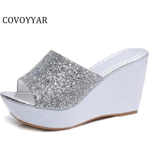 COVOYYAR Bling Wedge Shoes Women Slippers 2021 Fashion Summer Glitter Women Sandals Platform Ladies High Heels WSS920