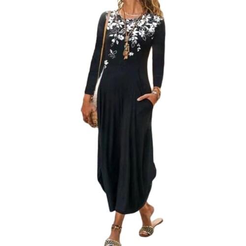 Women New O-Neck Pocket Long Sleeve Trendy Printed Dress For Autumn 2021 Casual Loose Fashion Splice Maxi Dress Female Vestidos