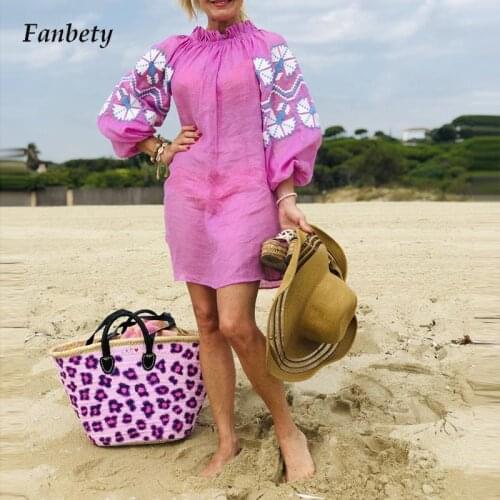 Women Elegant Floral Print Lantern Sleeve Beach Mini Dress New Casual Loose Cotton Linen Dress Fashion O-Neck Ruffle Party Dress