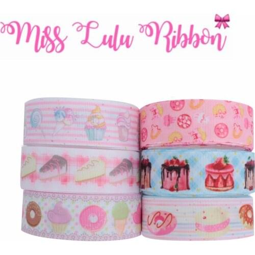 16mm-75mm Dessert Series Cake Doughnut Strawberry Printed Grosgrain/Foe Ribbon Geometric Check DIY Hair Bowknots 50yards/roll