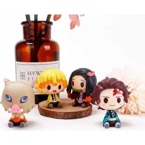 4Pcs/set Anime Demon Slayer Doll Kawaii Action Figure Q Version Kamado Tanjirou Kamado Sitting Kimetsu No Yaiba Kids Toys Gift